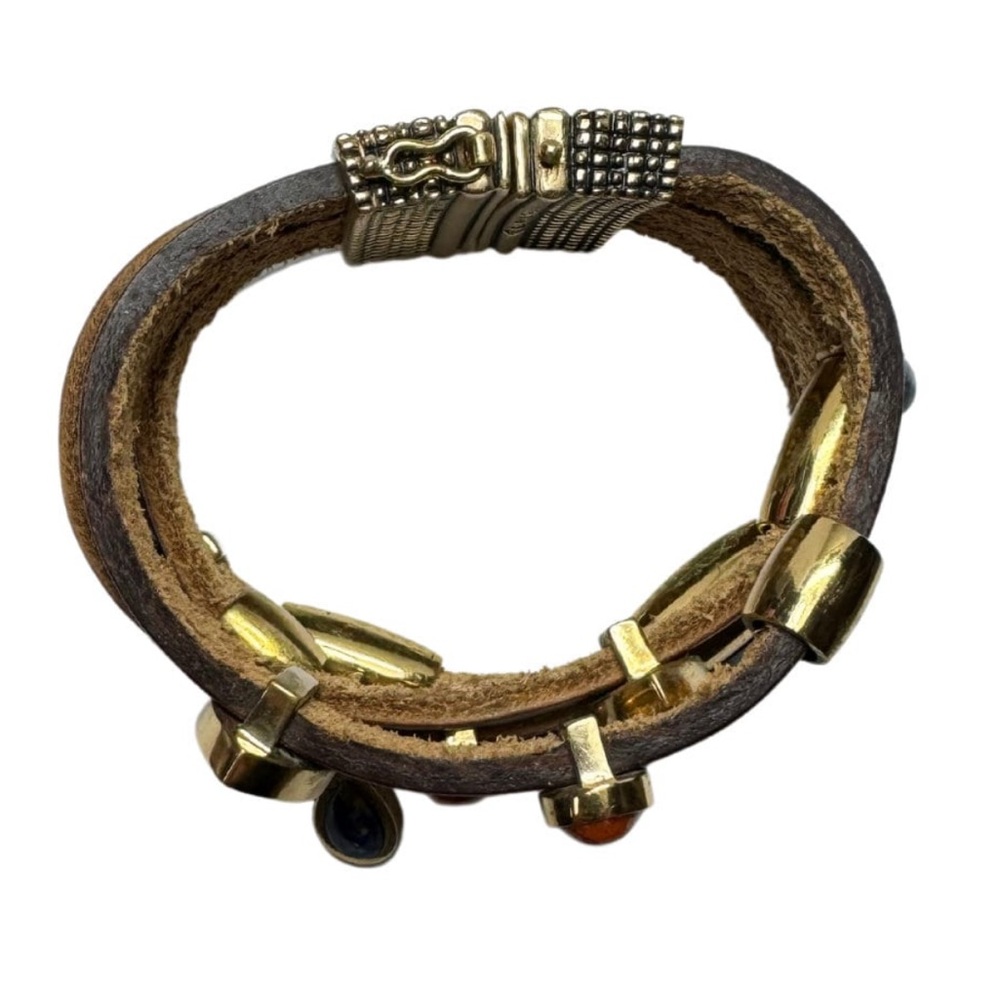 Barse Trendy Brown Leather Bracelet with Gold Clasp and Chic Gem Charms - Picture 2 of 4